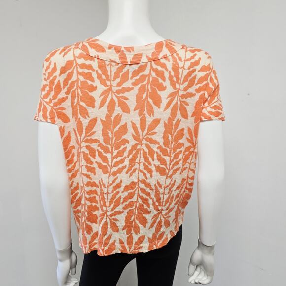 Rachel Zoe Top Size M Coral Floral Button Down Short Sleeve V-Neck 100% Linen - Picture 3 of 6
